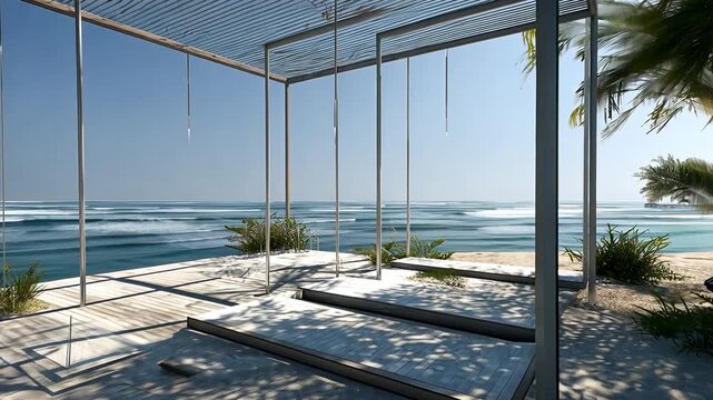Modern beachside gazebo structure with a tranquil ocean view.