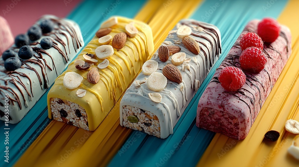 Poster a row of different types of ice cream on a colorful background.