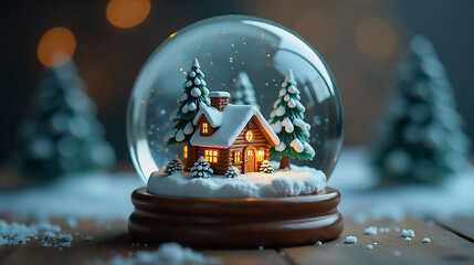 Snow Globe with a Wooden Cabin, Frosted Pine Trees, and Warm Light in a Winter Fairytale Setting