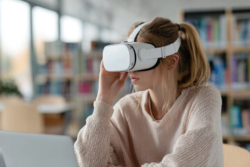A young girl student in virtual reality glasses studies in the library.