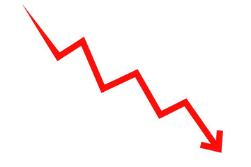 Red downward trend arrow symbolizing financial decline and economic downturn transparent background