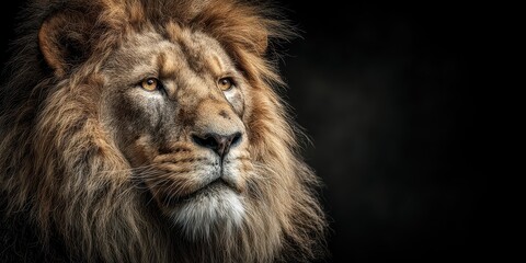 Fototapeta premium Majestic lion gazing thoughtfully in a dramatic, dark setting at twilight