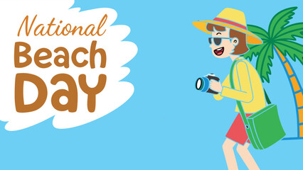 Naklejka premium Happy person with camera at beach national