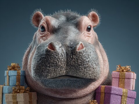Hippo surrounded by colorful presents celebrating a cheerful occasion in a vibrant setting