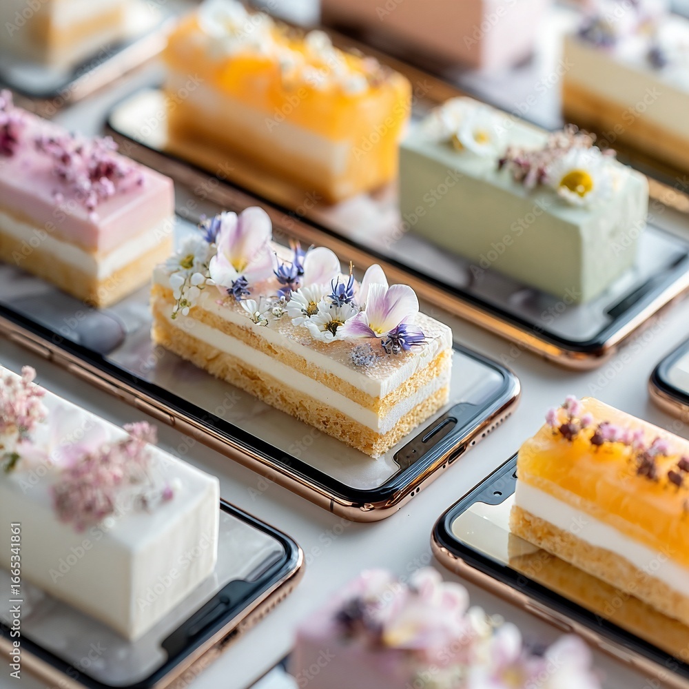 Poster a table topped with trays filled with different types of cakes.