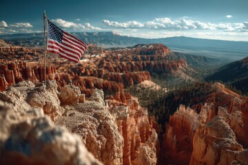 Flag waves proudly over the stunning rock formations of Bryce Canyon during a sunny afternoon