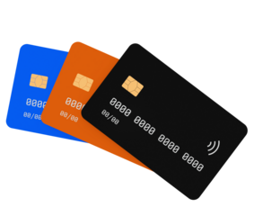 Credit Card, Shopping, Business Finance – Three colorful credit cards in blue, orange, and black. Illustration for online payments, retail, digital banking, and financial technology concepts.