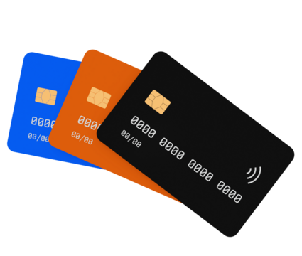 Credit Card, Shopping, Business Finance – Three colorful credit cards in blue, orange, and black. Illustration for online payments, retail, digital banking, and financial technology concepts.