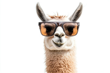 Obraz premium Portrait of beautiful llama with sunglasses on white background