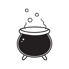 A delightful black and white illustration of a bubbling cauldron emitting wisps of smoke and steam a classic symbol of Halloween magic and spooky festivities