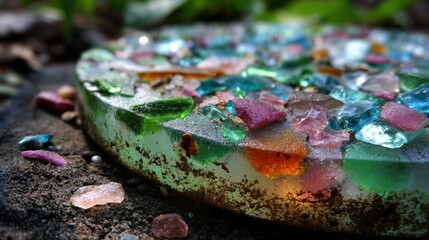 Recycled glass garden stepping stone with embedded colorful fragments