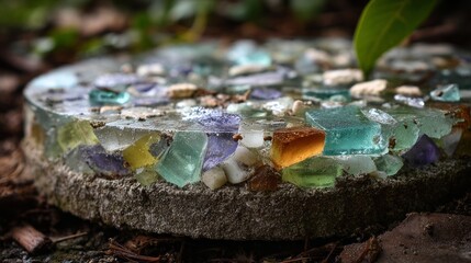 Recycled glass garden stepping stone with embedded colorful fragments