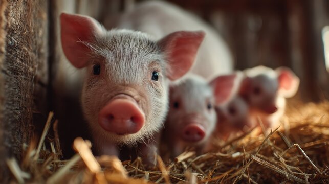 Four playful piglets exploring a straw-covered barn in the late afternoon light