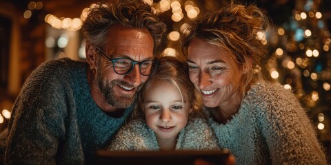 Family enjoys a cozy evening together while watching something on a tablet close to a festive holiday setting