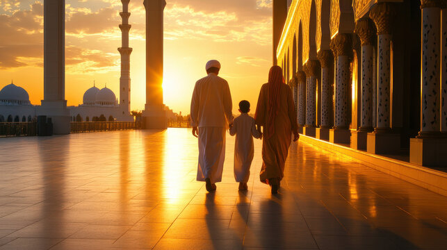 Muslim family walking towards a mosque, dressed in traditional attire, soft golden light highlighting their peaceful expressions &mdash;ar 16:9 