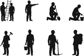 Construction worker silhouettes collection, labor icons set, builder with tools, shovel, ladder, bucket, hammer, teamwork illustration, industrial laborers, repair and building work vector