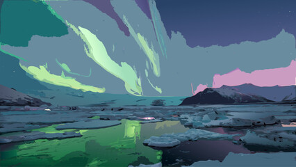 A vibrant, hyper-realistic arctic landscape with neon auroras in emerald and fuchsia dancing over jagged icebergs