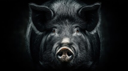 Close-up view of a black pig showcasing its textured fur and expressive features in a dark setting