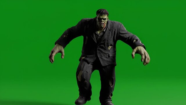 Frankenstein's Monster Lumbering on Green Screen - A classic Frankenstein's monster, in a tattered suit, shuffles forward with outstretched arms against a bright green screen background.