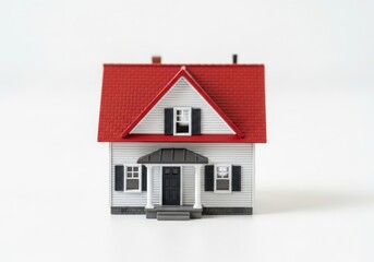 A small, charming house with a red roof, isolated on a white background