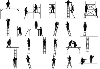 Construction worker silhouettes on ladders and scaffolding, industrial laborers at work, occupational safety training illustrations for building sites