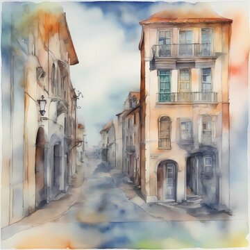 Fototapeta Artistic illustration: abstract city street in watercolor style