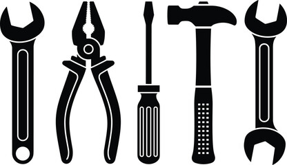Black silhouette set of hand tools including wrench, pliers, screwdriver, and hammer for repair, mechanic, carpentry, and construction design