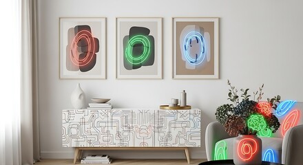 Living Room With Modern Art And Neon Accents On Furniture And Vases interior home