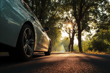 Automobile tranquility: A serene journey on a sun-drenched nature-lined road