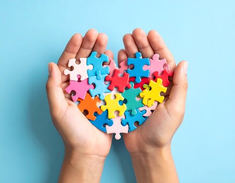 Colorful puzzle heart in hands.