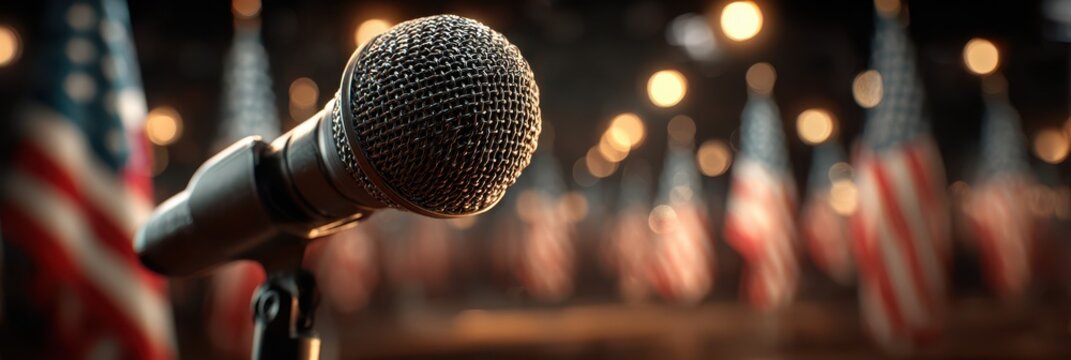 Microphone positioned in front of American flags at a formal event showcasing patriotic spirit