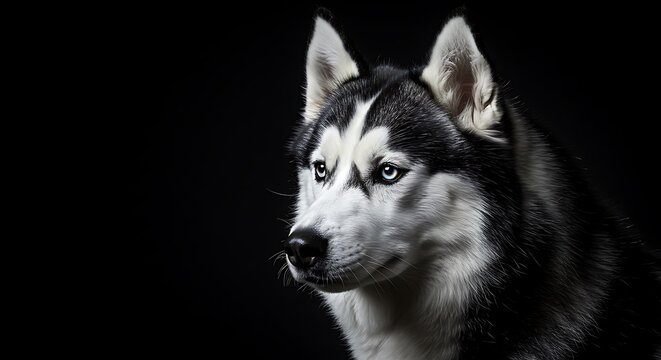 Majestic husky with striking blue eyes poses regally against a dark background for a stunning pet portrait