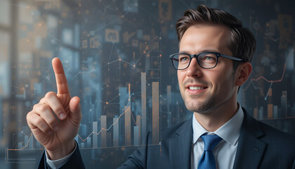 Confident businessman interacts with dynamic digital financial data visualization and growth charts