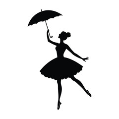 Elegant silhouette of a ballet dancer in a tutu holding an umbrella gracefully in a dynamic pose © LailaArtworks