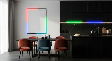 Modern black kitchen and dining area with neon accents and empty frame dining room interior