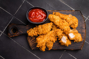 Fried chicken tenders or strips with hot sauce. black background. top view