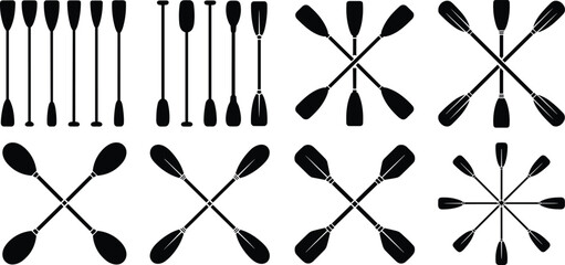 Kayak paddles silhouette bundle, canoe oars vector set, crossed paddles design, kayaking paddle circle shapes, adventure water sports graphic, outdoor canoe kayak paddle art