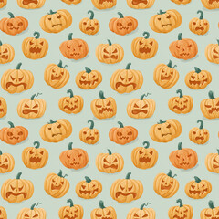 Fototapeta premium Colorful array of jack-o'-lanterns on a light blue background showcasing various expressions for festive decoration