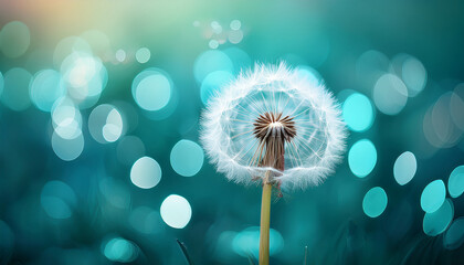 Beauty in nature dandelion seeds closeup blowing in blue green turquoise background closeup of dandelion on meadow background artistic nature macro
