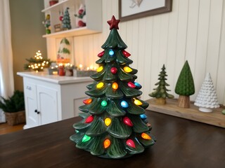 ceramic christmas tree.Decorative ceramic Christmas tree figurine with glowing bulbs, a festive holiday ornament that adds nostalgic cheer, warmth, and beauty to cozy Christmas interiors.