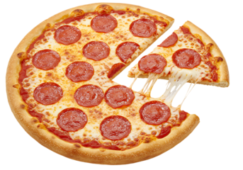 Delicious pepperoni pizza with a slice being pulled away showing melted cheese isolated on transparent background