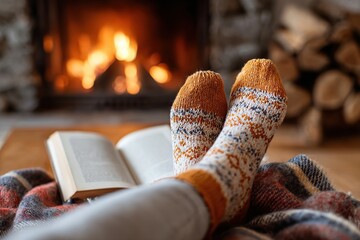 Cozy time by the fireplace with warm socks and a good book