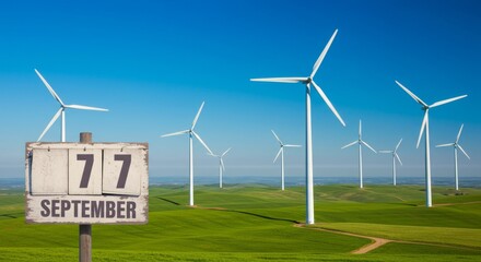 Fototapeta premium Wind turbines stand in a green field under a blue sky, with a sign showing the date September 7th in the foreground.