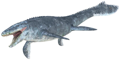 Ferocious mosasaur swimming in ancient ocean.