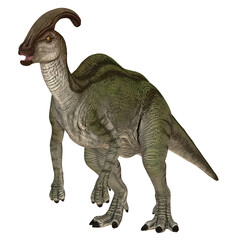 Realistic depiction of a Parasaurolophus dinosaur.