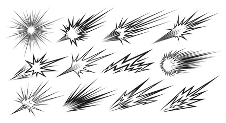 Comic action burst and speed lines pack: black starbursts, radial halftone bursts, “POW!” callouts and motion streaks for comic scenes and dynamic graphics