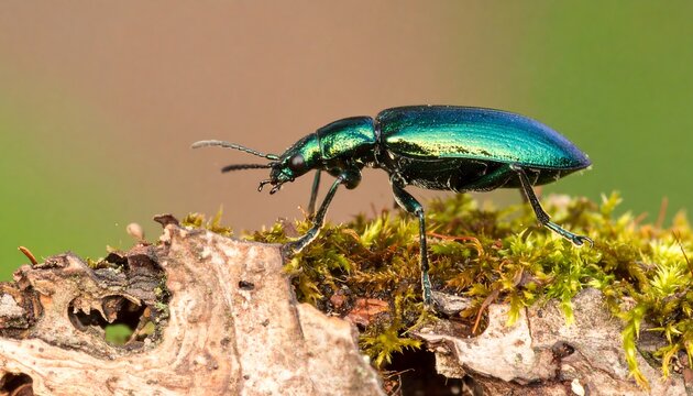Close-up of a metallic green beetle on bark