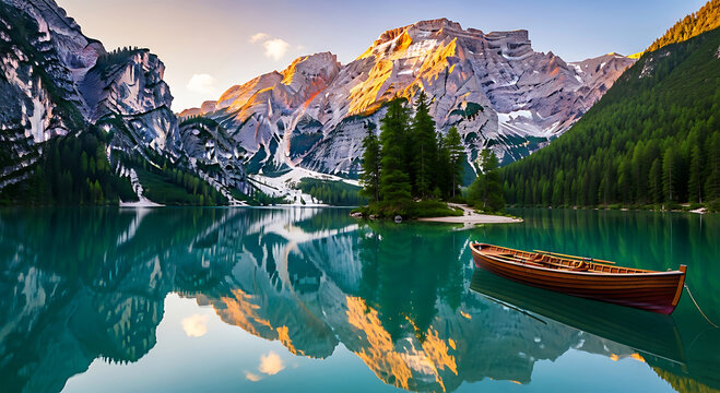 Serene mountain lake with wooden boat at sunrise