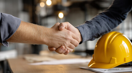 Construction Collaboration with Helmet and Handshake at Desk
