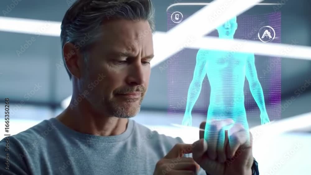 Poster caucasian man interacting with futuristic holographic interface in a high-tech environment. concept 